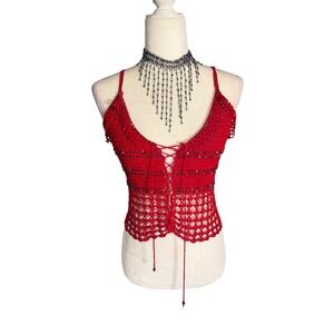 Vintage Y2K Joanna Red Beaded Crochet Tie Front Top – S/M